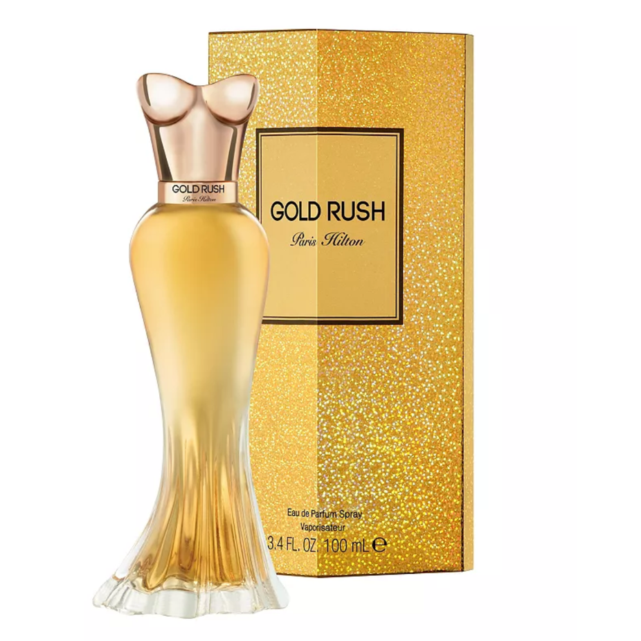Paris Hilton Gold Rush Eau De Parfum 100ml bottle, sleek design, with gold accents, representing a luxurious fragrance.