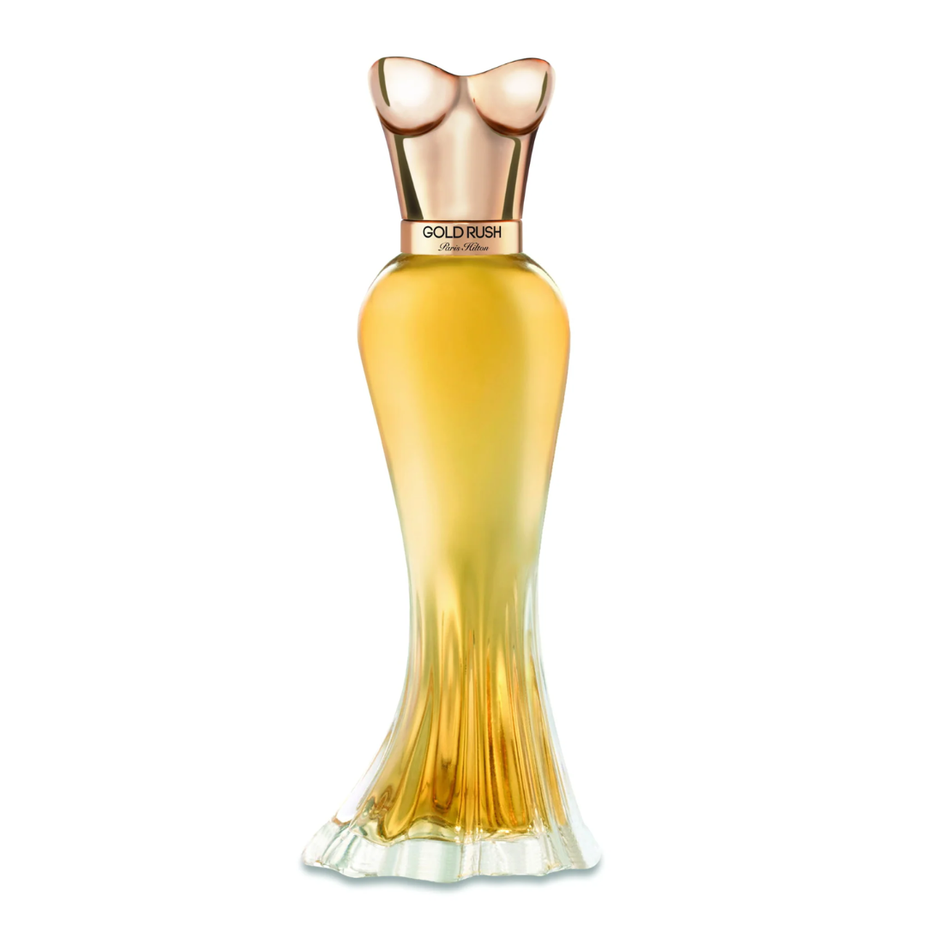 Paris Hilton Gold Rush Eau De Parfum 100ml bottle, elegant gold-themed design, showcasing the luxurious fragrance.