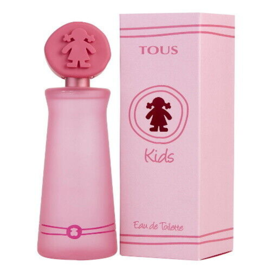 Tous Kids Girl Eau De Toilette 100ml bottle with pink and purple floral design, featuring a playful, child-friendly fragrance packaging.