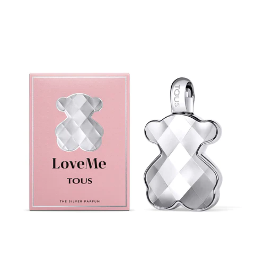 Tous Loveme The Silver Eau de Parfum 90ml bottle featuring sleek silver design and elegant packaging.