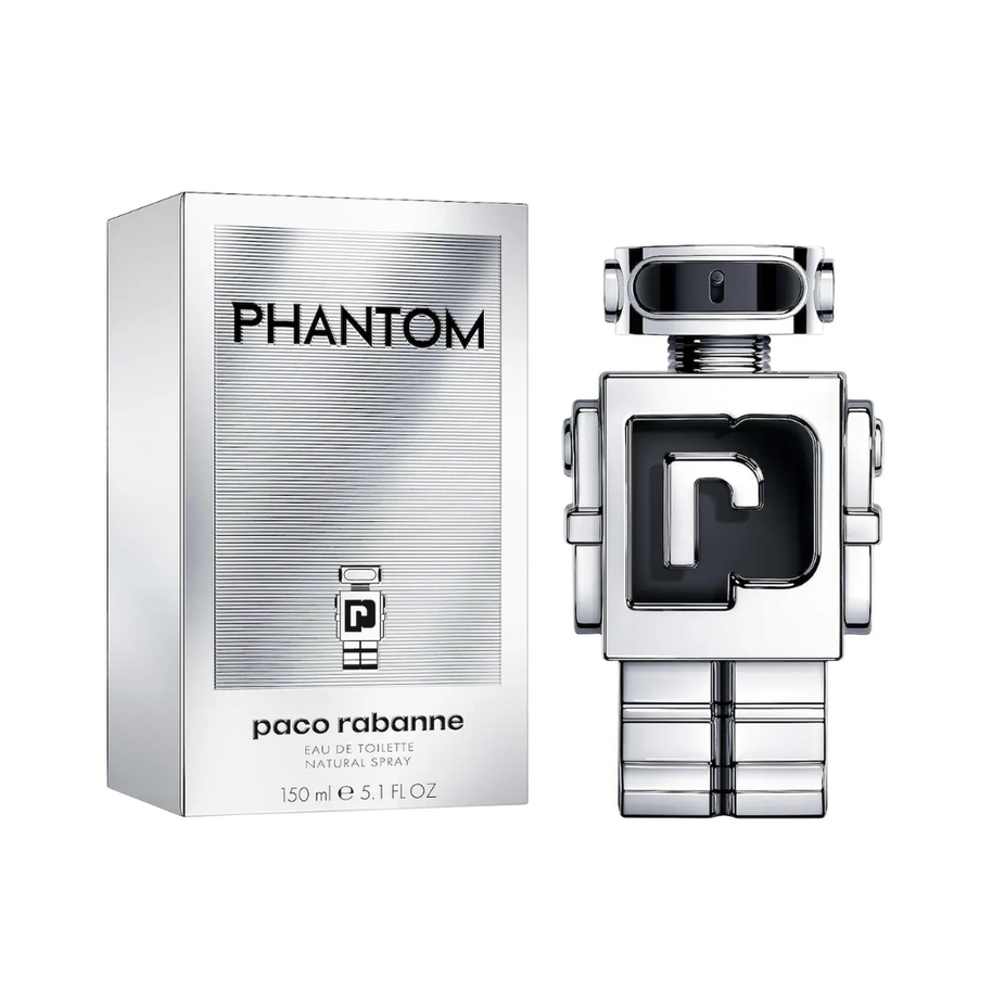 Paco Rabanne Phantom men's Eau De Toilette bottle, 100ml with sleek modern design and transparent glass container.