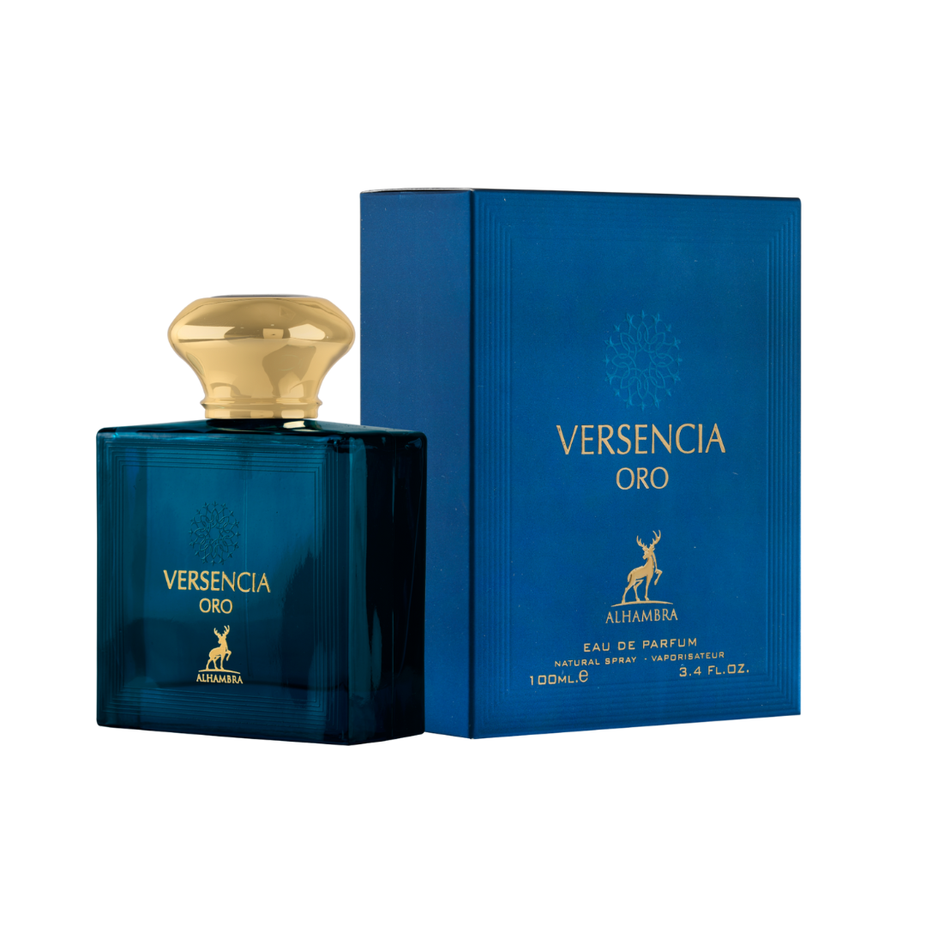 Maison Alhambra Versencia Oro Eau de Parfum spray 100ml, elegant perfume bottle with gold accents and floral design.