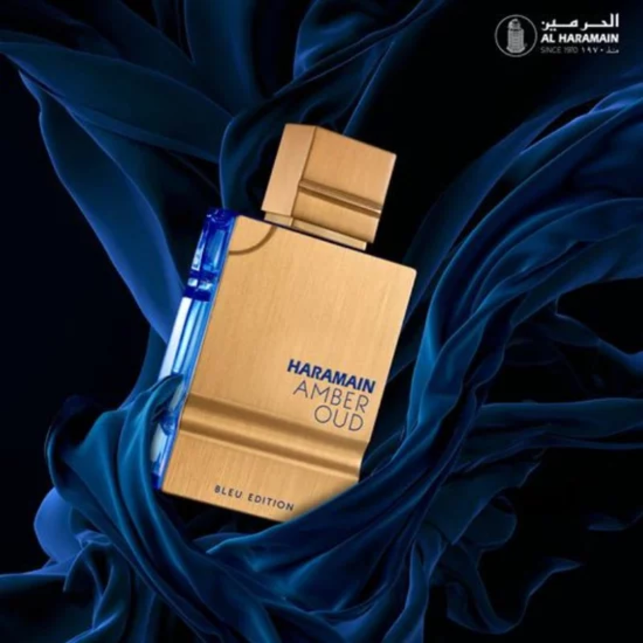 Amber Oud Bleu Edition EDP by Al Haramain, 60ml, showcasing the elegant perfume bottle with a deep blue and amber design.