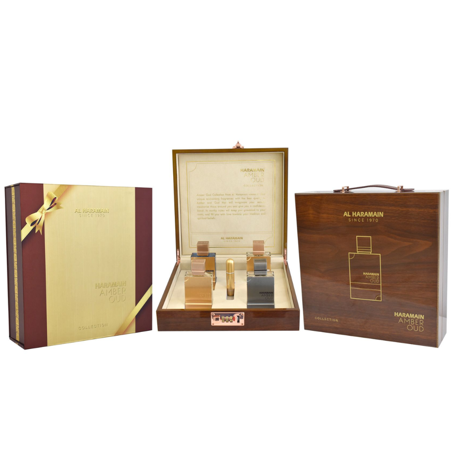 Al Haramain Amber Oud Collection Eau De Parfum gift set with 60ML bottle, featuring warm amber and oud fragrance.