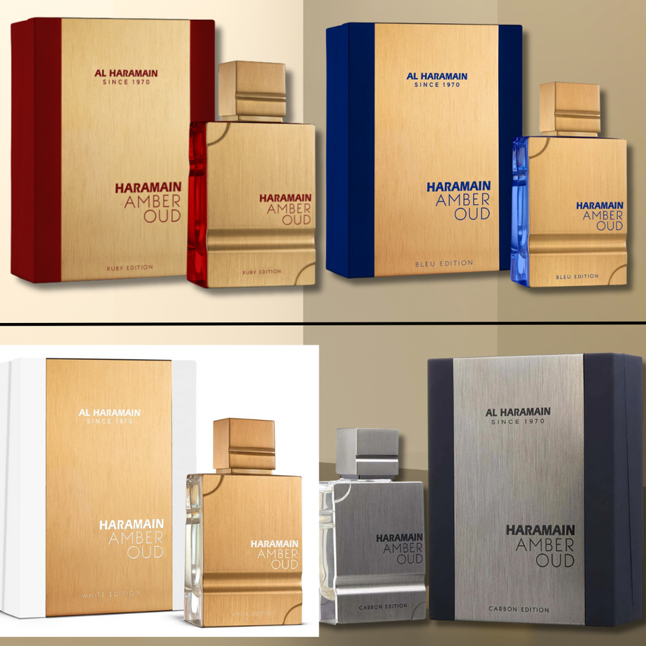 Al Haramain Amber Oud Bleu Eau De Parfum bottles from Carbon, White, and Ruby Editions, 60ml, featuring elegant glass bottles.