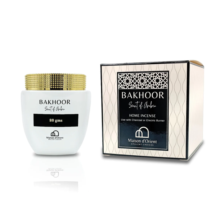 Maison D'Orient Mamoul Oud Saffron Bakhoor 80Gm with saffron-infused incense and decorative packaging, showcasing traditional fragrance.