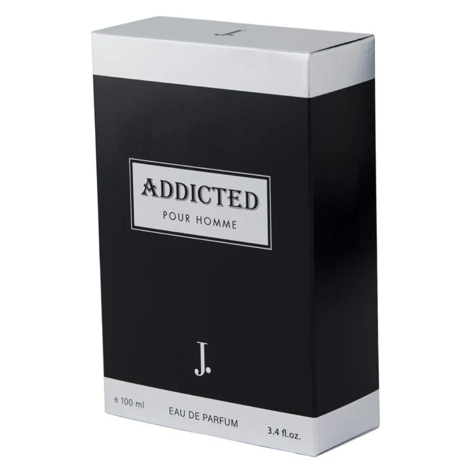 Junaid Jamshed Addicted for Men Eau De Parfum 100ml bottle with sleek black packaging and modern design.