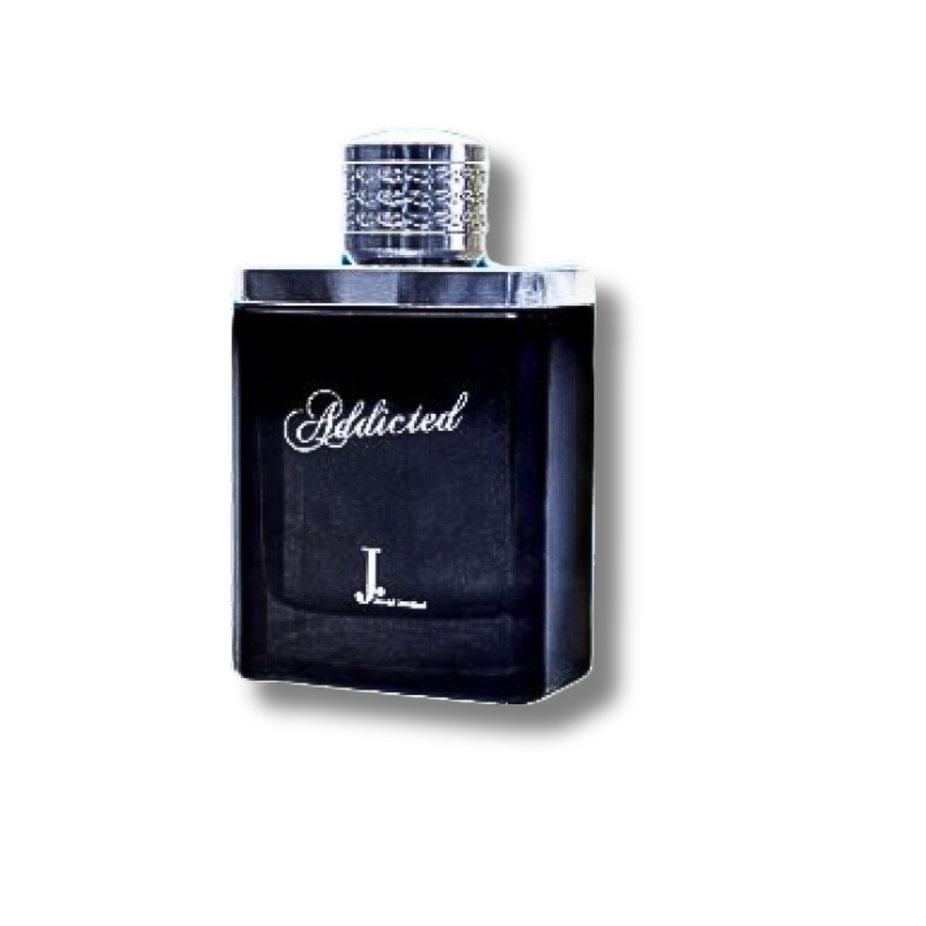 Junaid Jamshed Addicted for Men Eau De Parfum 100ml bottle with sleek design, showcasing the men's fragrance product.