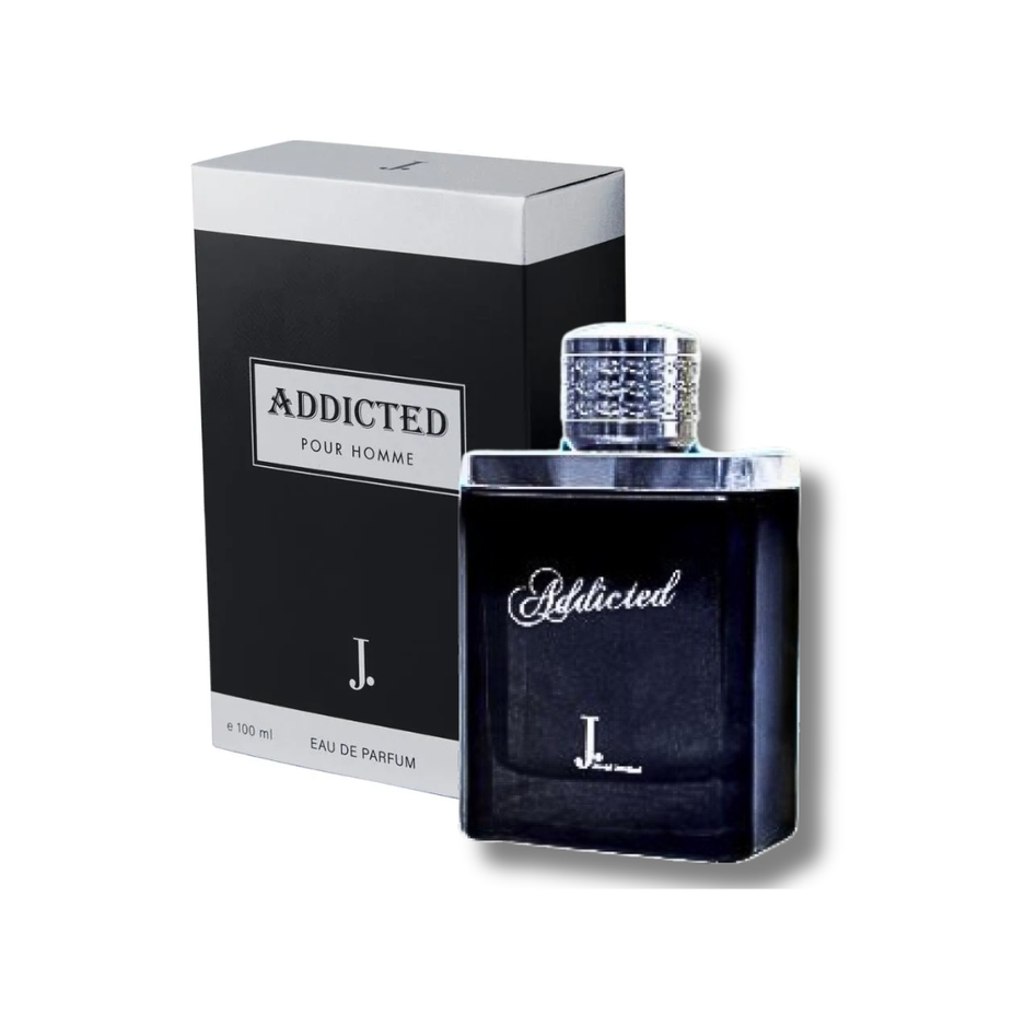 Junaid Jamshed Addicted for Men Eau De Parfum 100ML bottle, sleek design with a modern fragrance appeal.