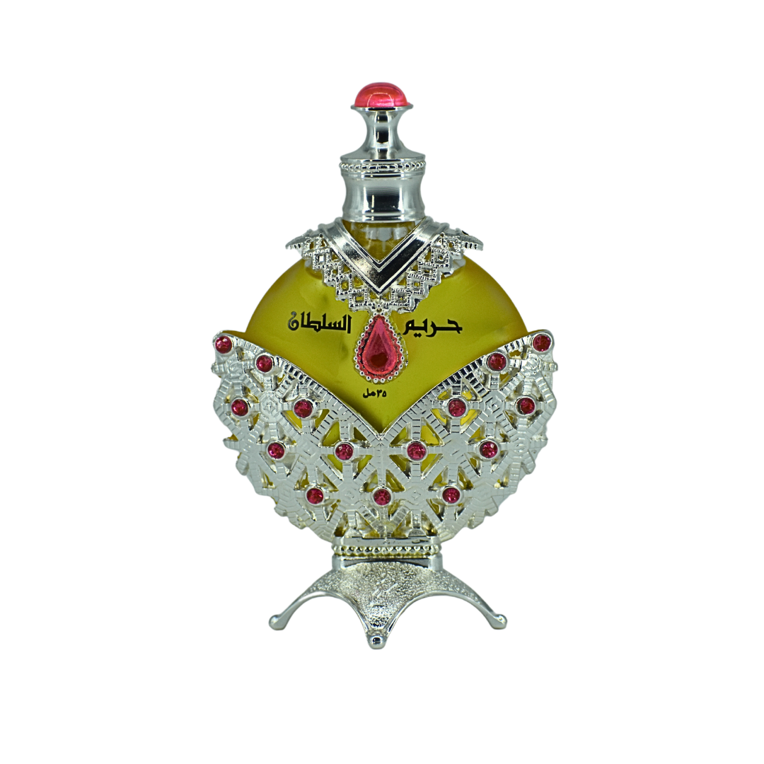 Khadlaj Hareem Al Sultan Silver perfume oil in 35ML bottle with velvet pouch, concentrated perfume oil by Khadlaj.