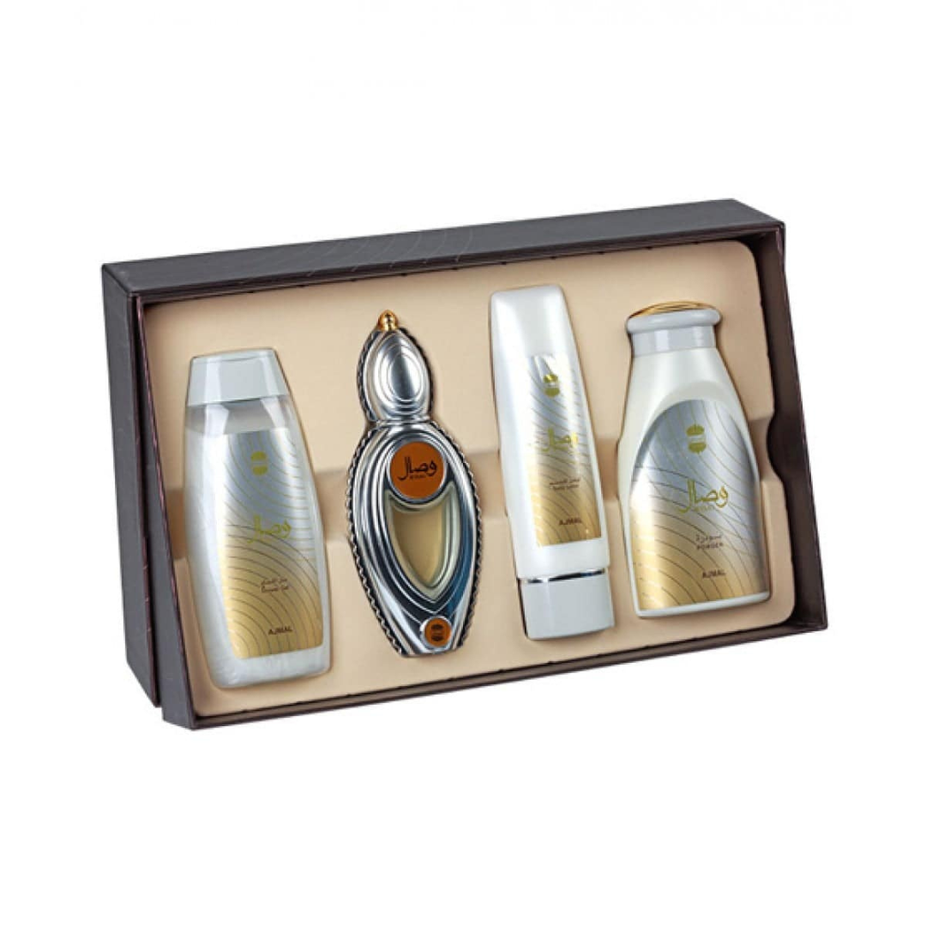 Wisal perfume gift set by Ajmal featuring elegant bottles and decorative packaging for a luxurious fragrance experience.