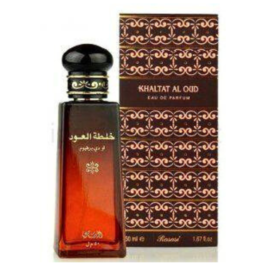 Rasasi Khaltat Al Oudh EDP 50ml bottle, elegant perfume with floral and woody notes, showcasing the luxurious fragrance bottle