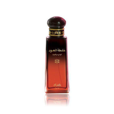 Rasasi Khaltat Al Oudh EDP 50ml perfume bottle, elegant design, showcasing the luxurious fragrance of this Eau De Parfum.