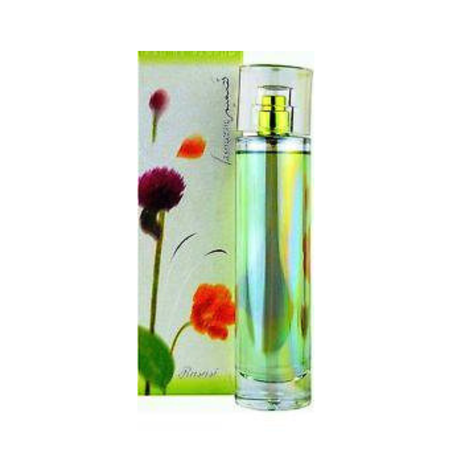 Rasasi Tasmeem for Women EDP bottle, 100ML, elegant glass perfume bottle with floral accents, showcasing the fragrance's luxurious design.