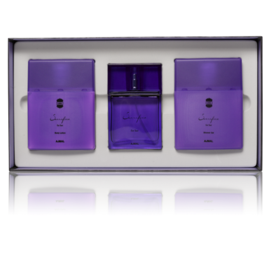 Ajmal Sacrifice for Women perfume gift set with multiple bottles and decorative packaging, ideal for gifting.