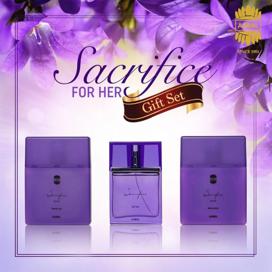 Ajmal Sacrifice for Women perfume gift set featuring elegant bottles and packaging, ideal for gifting occasions.