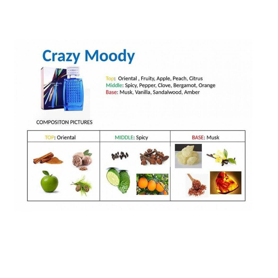 Arabian Oud Crazy Moody EDP perfume bottle, 100 ml, elegant glass container with floral and woody scent notes.