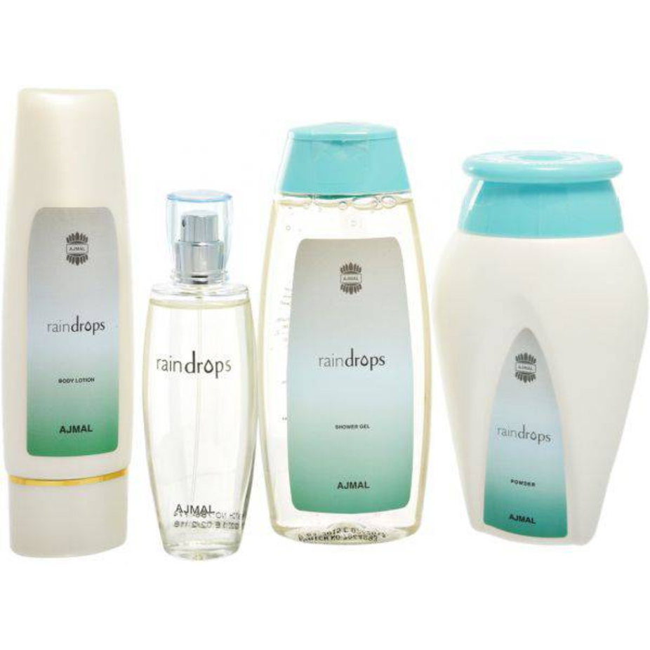 Ajmal Raindrop perfume gift set featuring elegant bottles and packaging, perfect for gifting with a refreshing, floral scent.