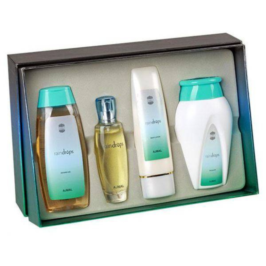 Ajmal Raindrop perfume gift set featuring elegant bottles and packaging, perfect for gifting a luxurious fragrance collection.