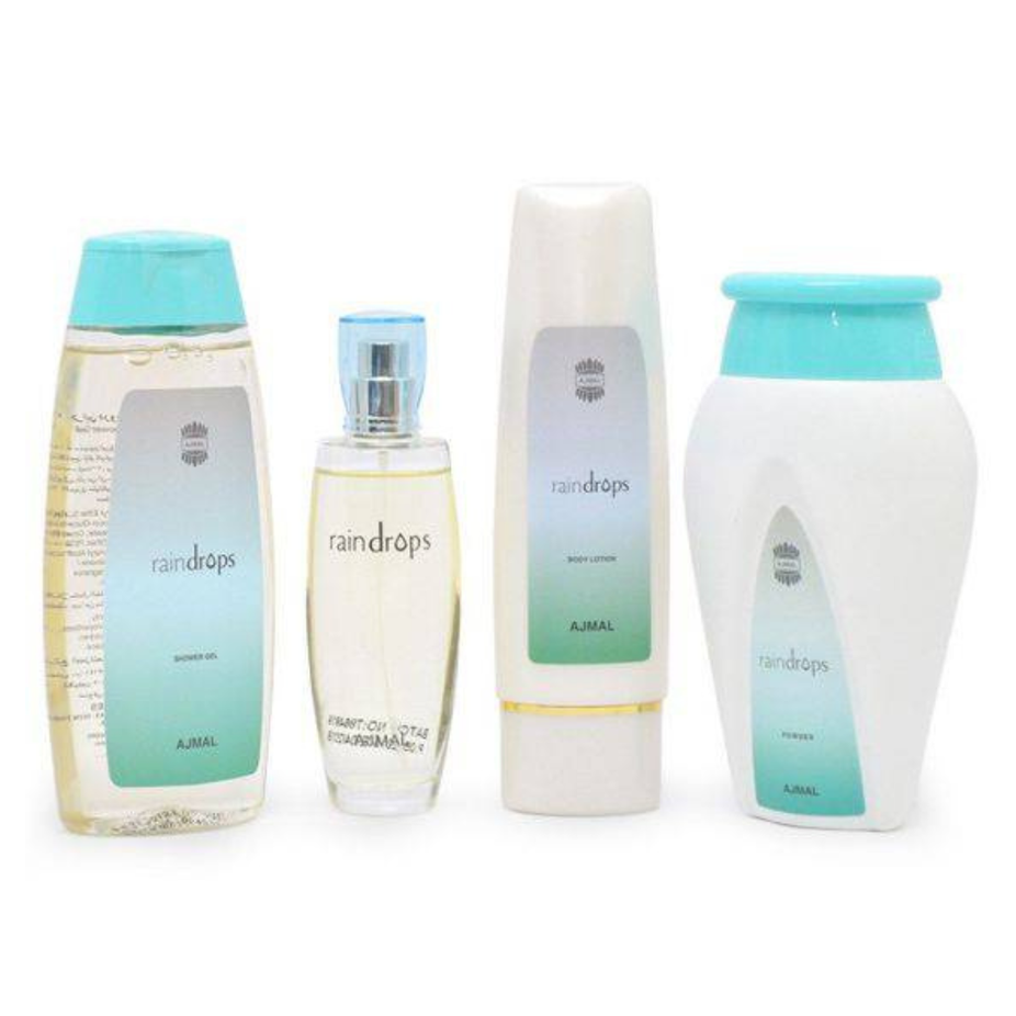 Ajmal Raindrop perfume gift set with elegant bottles and packaging, perfect for gifting and showcasing the brand's luxurious fragrances.