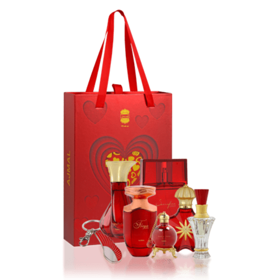 Ajmal Amor Essence for Men perfume gift set with bottles and packaging, elegant display of men's fragrance collection.