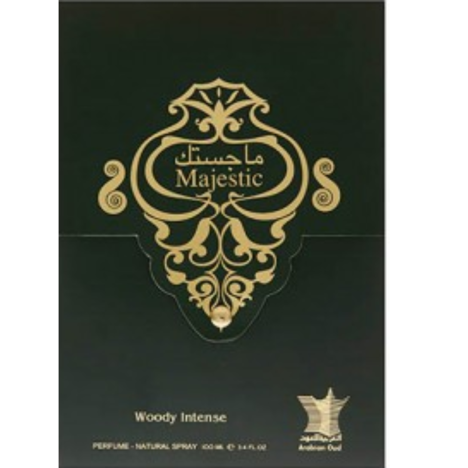 Arabian Oud Majestic Woody Intense EDP 100ml perfume bottle with elegant packaging and dark amber fragrance liquid.
