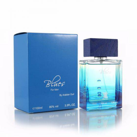 Arabian Oud Blues EDP 100ml perfume bottle with sleek design, featuring elegant branding and clear glass showcasing the fragrance.