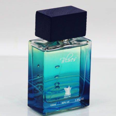 Arabian Oud Blues Eau De Parfum 100ml bottle with elegant blue packaging and gold accents.