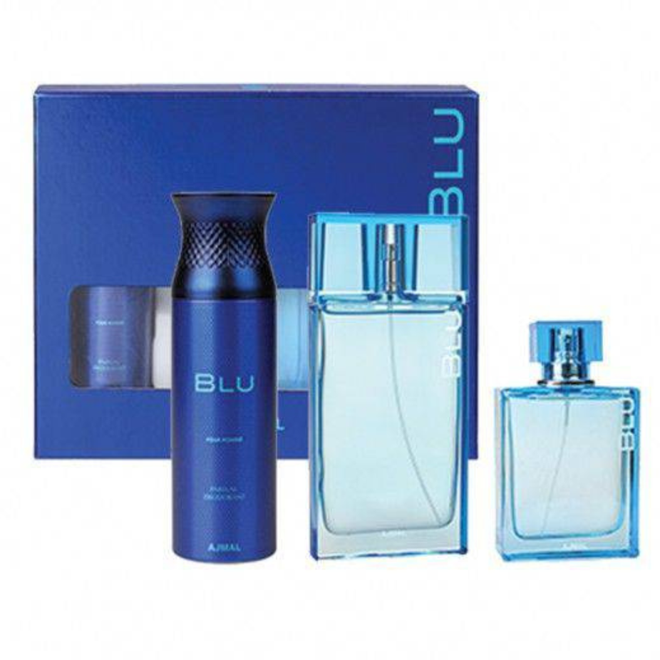 Ajmal Blu for Men perfume gift set with multiple bottles and packaging, featuring a modern, stylish design.
