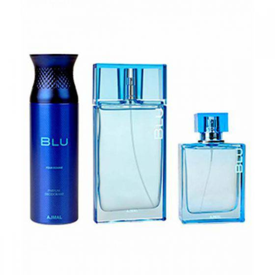 Ajmal Blu for Men perfume gift set with bottles and packaging, featuring a stylish and sophisticated design for men's fragrance.