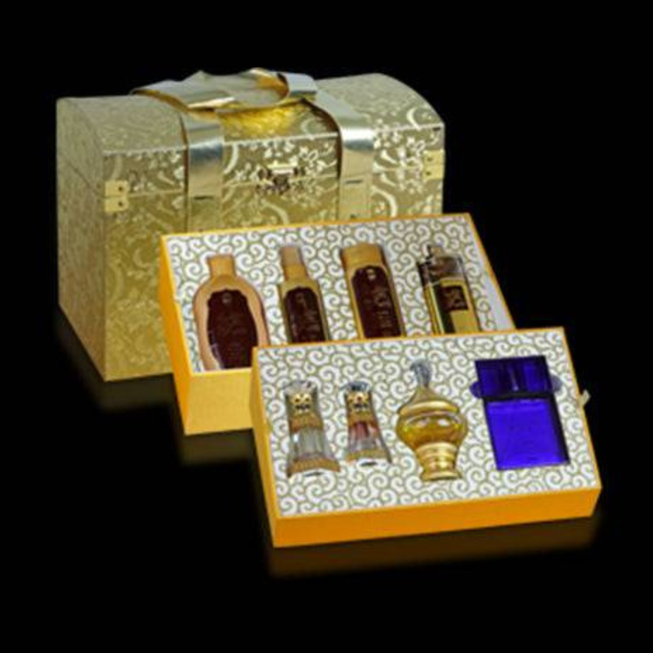 Ajmal Zaffa wedding gift set for couple, featuring elegant perfume bottles and decorative packaging for special occasions.