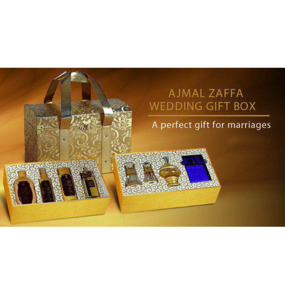 Ajmal Zaffa Wedding Gift Set for Couple, perfume gift set with elegant bottles and decorative packaging, ideal for special occasions.