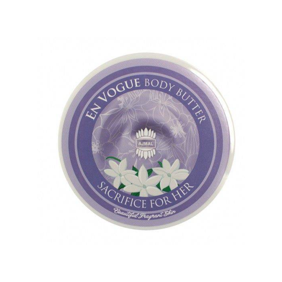 Ajmal Sacrifice Body Butter 200g jar with smooth, creamy texture and natural ingredients, designed for nourishing skin.