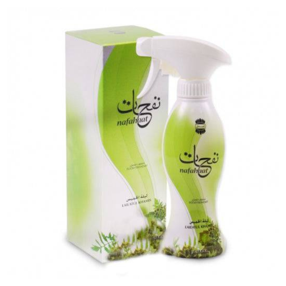 Ajmal Nafahat Lailatul Khamis air freshener bottle, 300 ML, with elegant packaging and floral design.