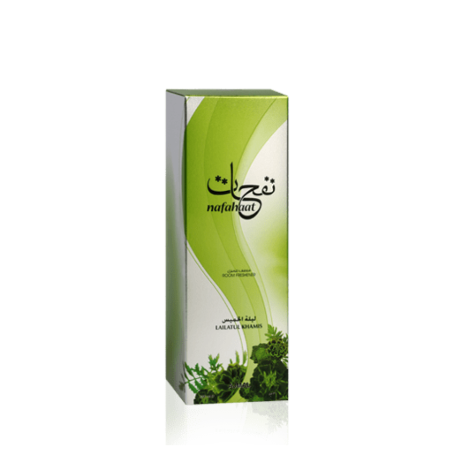 Ajmal Nafahat Lailatul Khamis air freshener bottle, 300 ML, with a sleek design and floral scent label.