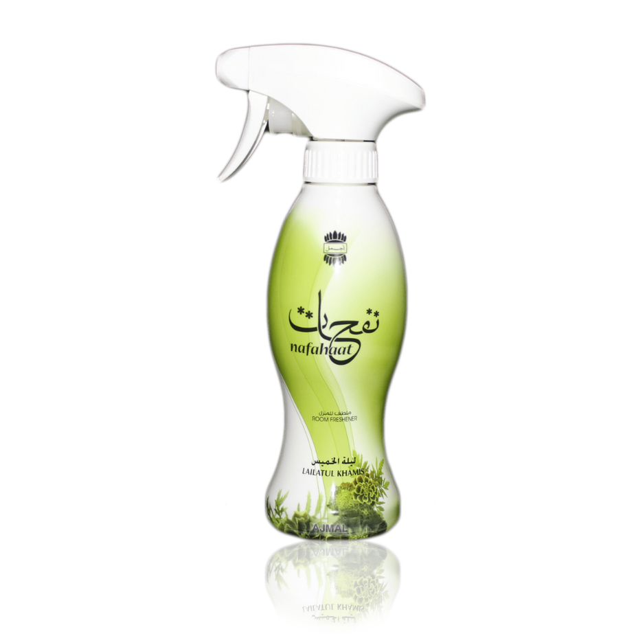 Ajmal Nafahat Lailatul Khamis air freshener bottle, 300 ML, with floral design on the label.