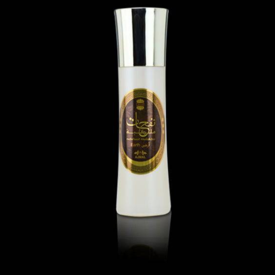 Ajmal Nafahat Malakiya Earth air freshener spray bottle, 200ML, with a sleek design and earthy scent label.