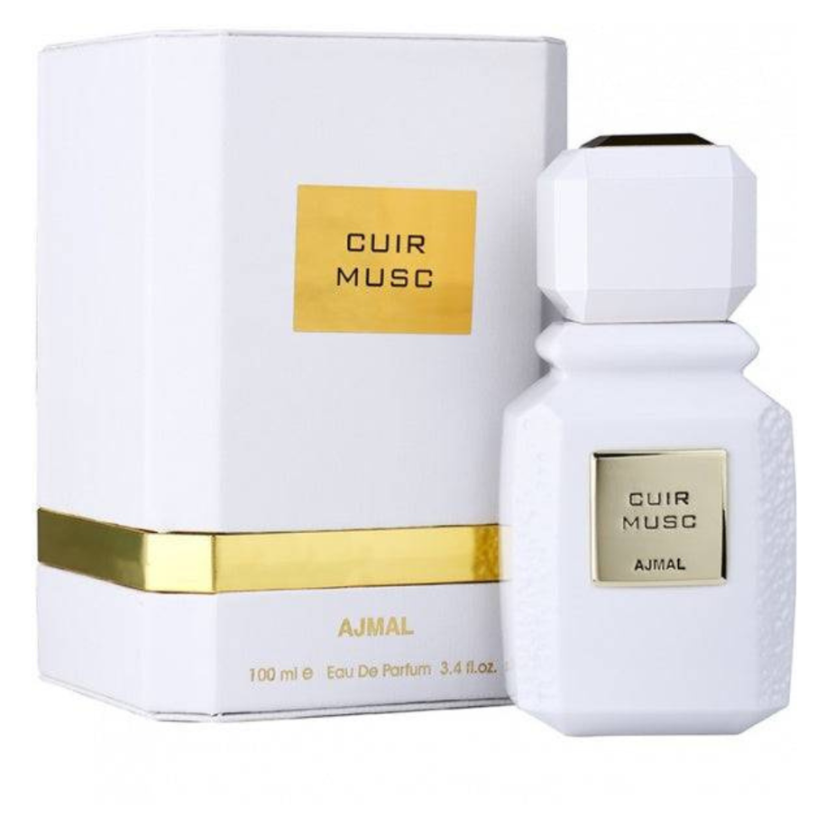 Ajmal Cuir Musc EDP perfume bottle, 100 ML (3.4 oz), with elegant packaging and leather-musk scent details visible.