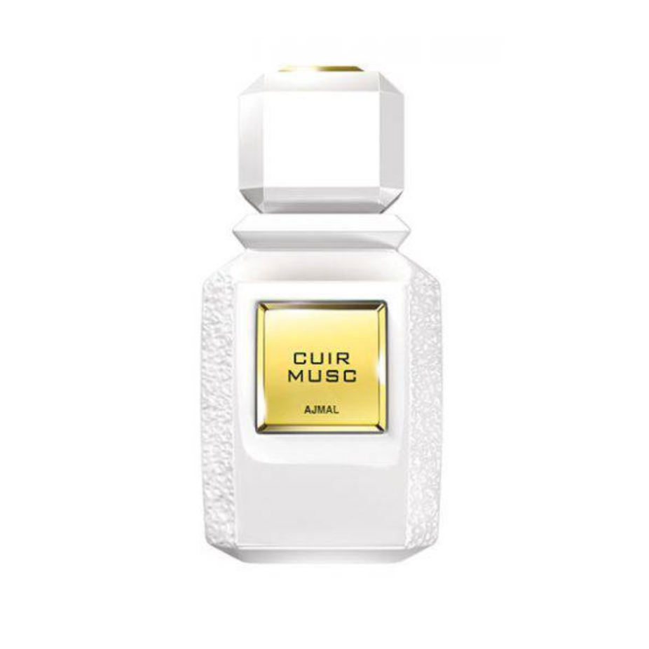 Ajmal Cuir Musc EDP 100ml bottle, elegant glass container with black cap, showcasing the luxurious fragrance packaging.