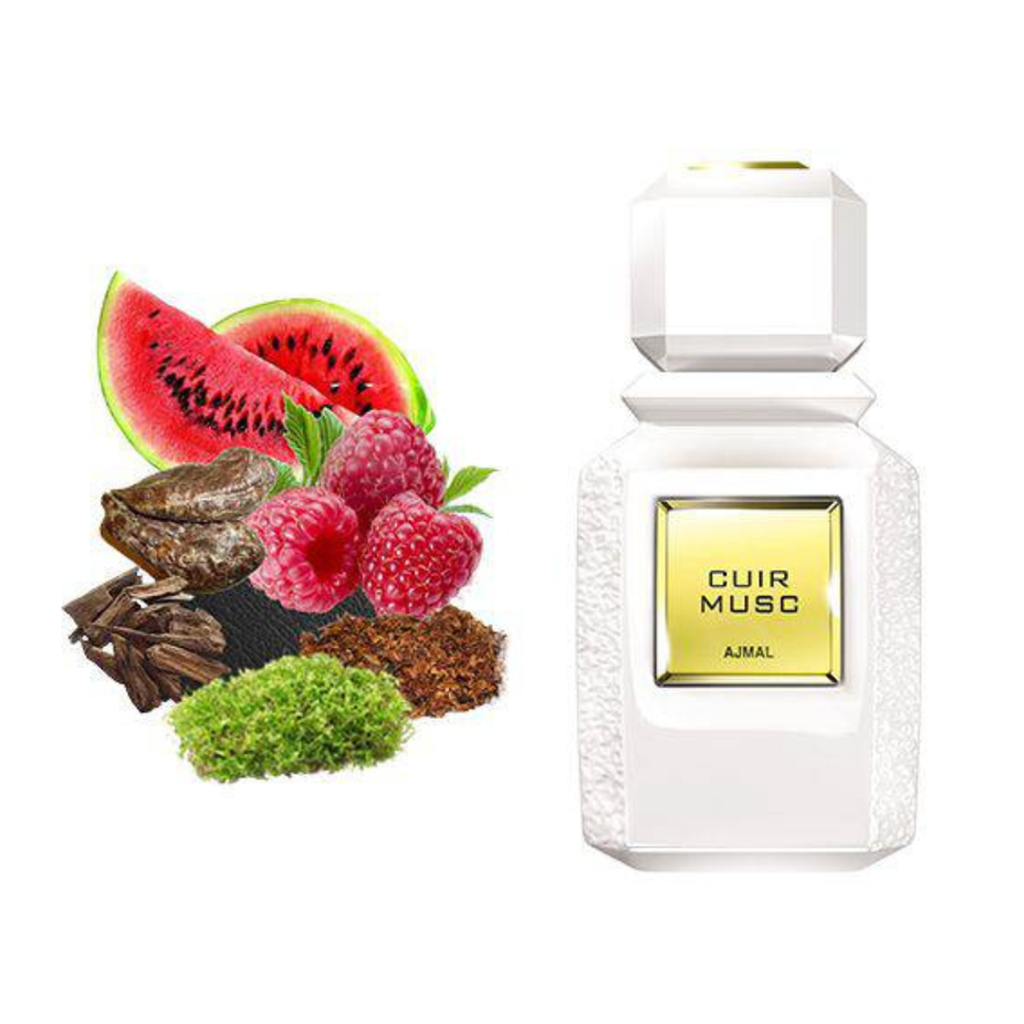 Ajmal Cuir Musc EDP bottle, 100 ML, elegant glass perfume flask with a sleek design, showcasing the Eau De Parfum fragrance.