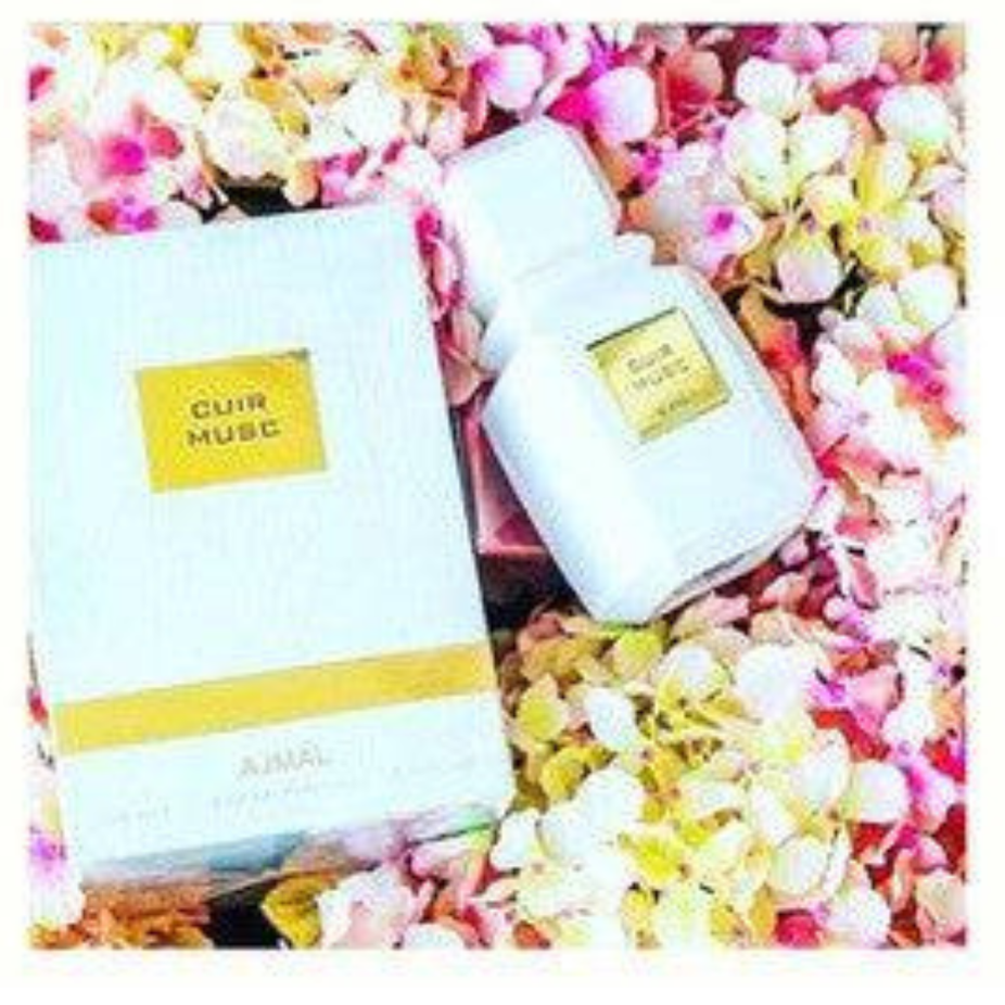 Ajmal Cuir Musc EDP 100ml bottle, elegant glass packaging showcasing the luxurious fragrance of this Eau De Parfum.