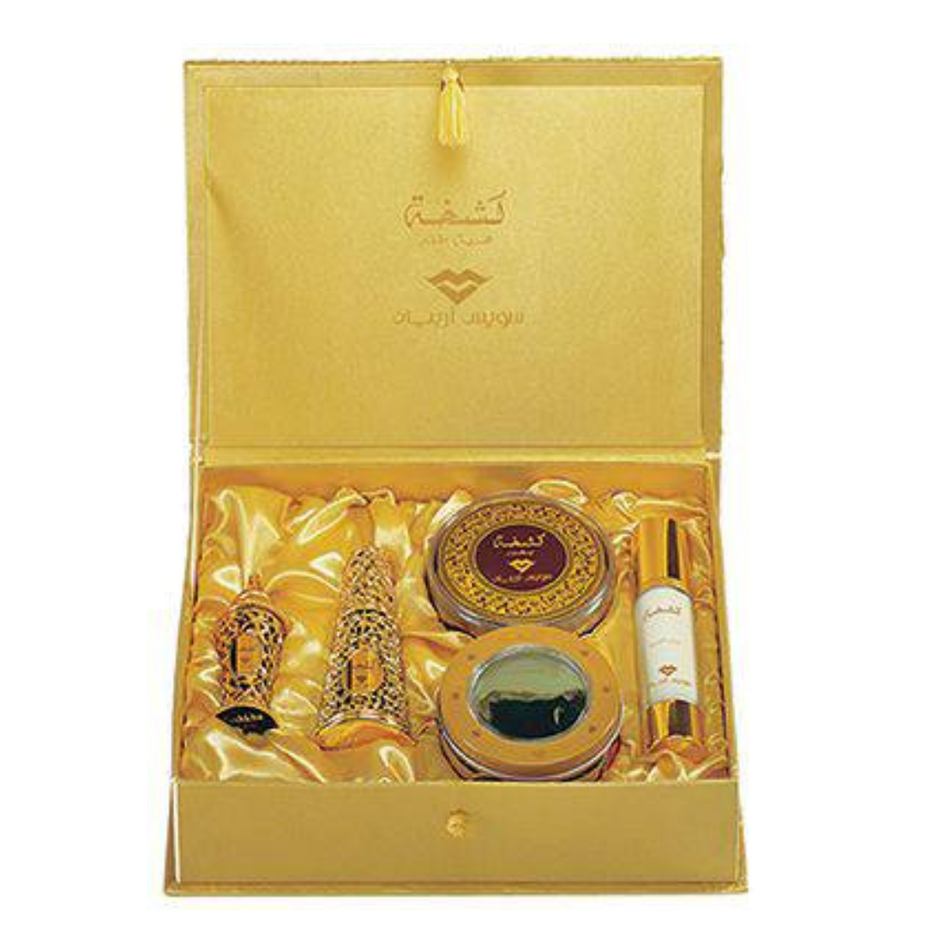 Swiss Arabian Kashkha perfume gift set for women, featuring elegant bottles and coordinating fragrance accessories.