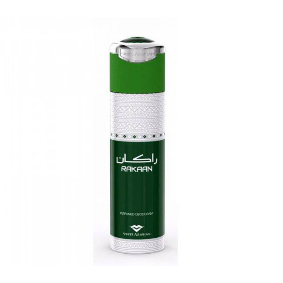 Swiss Arabian Rakaan Deo 200ml deodorant bottle with sleek design and clear labeling, showcasing the Swiss Arabian branding.