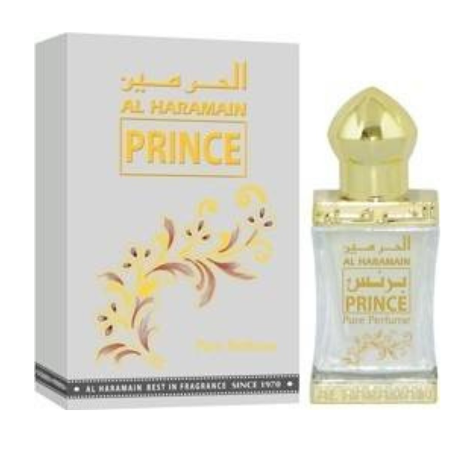 Al Haramain Prince perfume oil in a 12ml bottle, concentrated fragrance with elegant packaging and a luxurious scent.