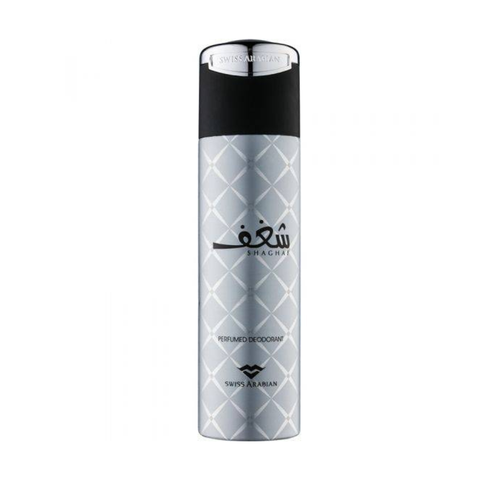 Swiss Arabian Shaghaf Deodorant 200ML spray bottle with sleek design, offering long-lasting freshness and fragrance.
