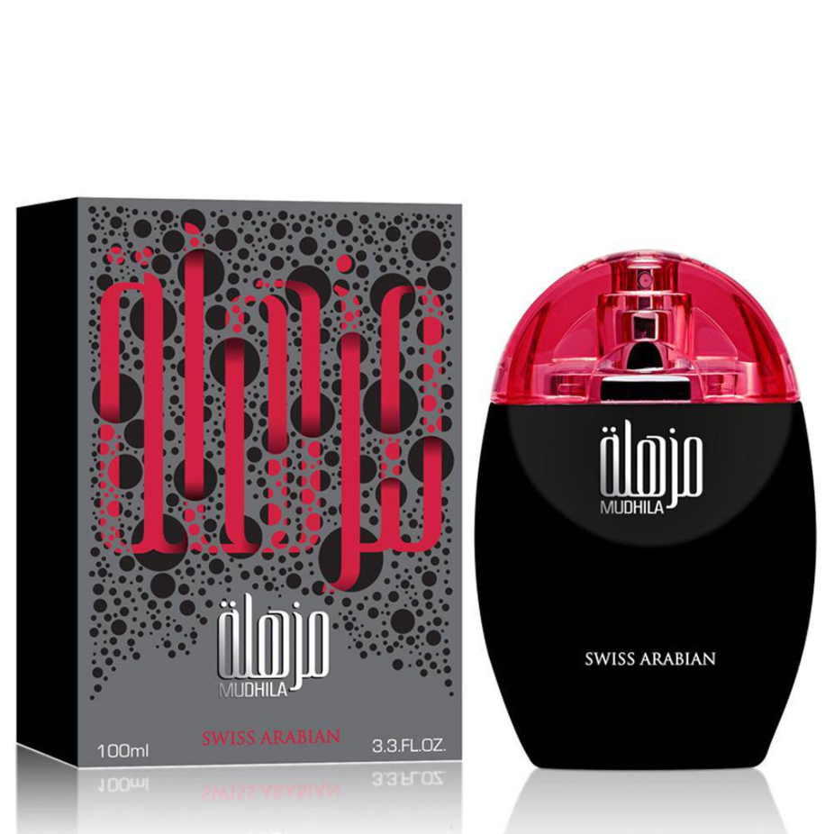 Mudhila Eau De Parfum by Swiss Arabian, 100ml bottle, elegant glass container with a sleek design and gold accents.