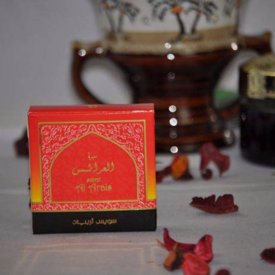 Swiss Arabian Sahret Al Arais Bakhoor 40 GM jar showing traditional burnt incense scent and elegant packaging.