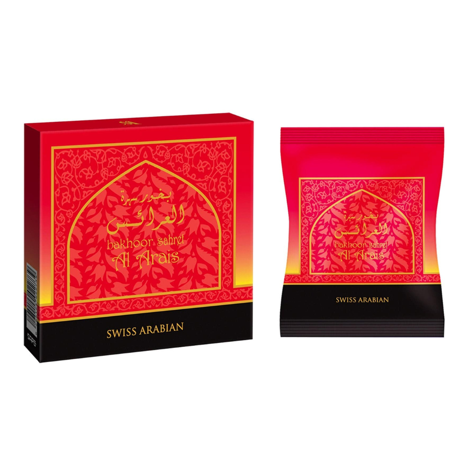 Swiss Arabian Sahret Al Arais Bakhoor 40 GM jar with traditional Arabic scent, featuring decorative packaging and a sealed lid.