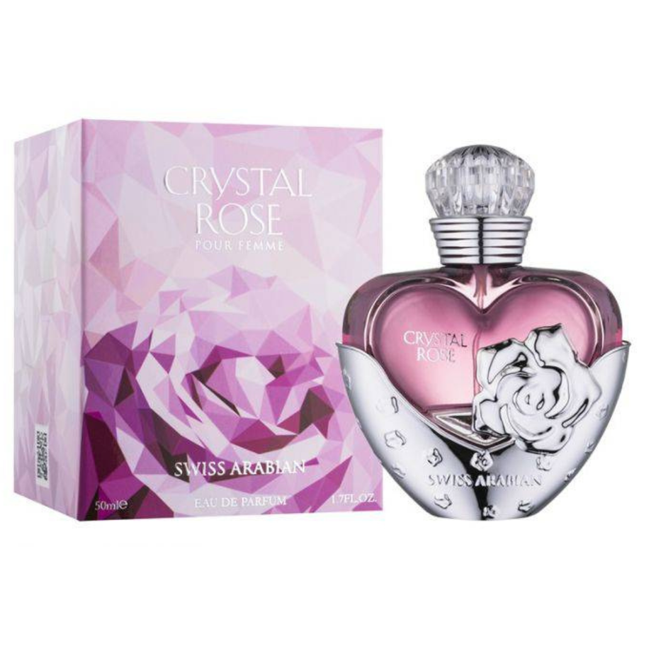 Swiss Arabian Crystal Rose EDP for women in a 50ml bottle, showcasing the elegant glass container and floral-inspired design.