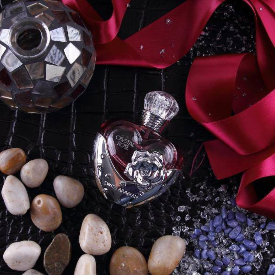 Swiss Arabian Crystal Rose EDP for Women, 50ml perfume bottle with elegant design, showcasing the luxurious floral fragrance.